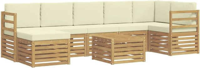 vidaXL Outdoor-Sofagarnitur 8-teilig in L-Form aus Akazienholz mit Polstern in Weiß und Beige, B/T/H: 59 x 59 x 37 cm - Bild 1