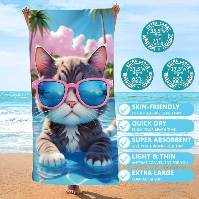Saugfähiges Strandtuch mit Katzenmotiv von JMG Household Supplies, blau, B/H: 35 x 75 cm - Bild 1