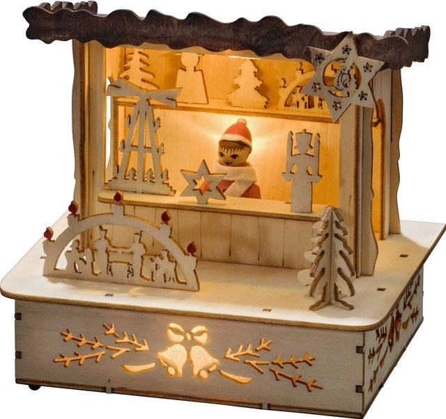 Konstsmide LED Holzsilhouette Marktstand in Naturfarben mit braunem Dach - Bild 1