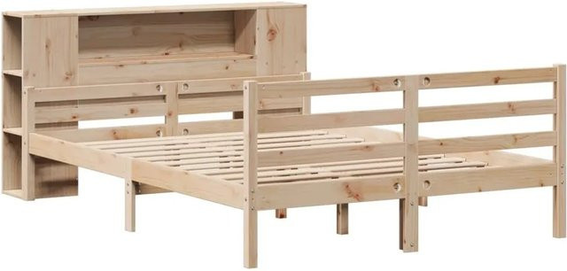 vidaXL Massivholzbett aus Kiefernholz mit Regal in rustikalem Design, B/T/H: 140 x 190 x 82 cm - Bild 1