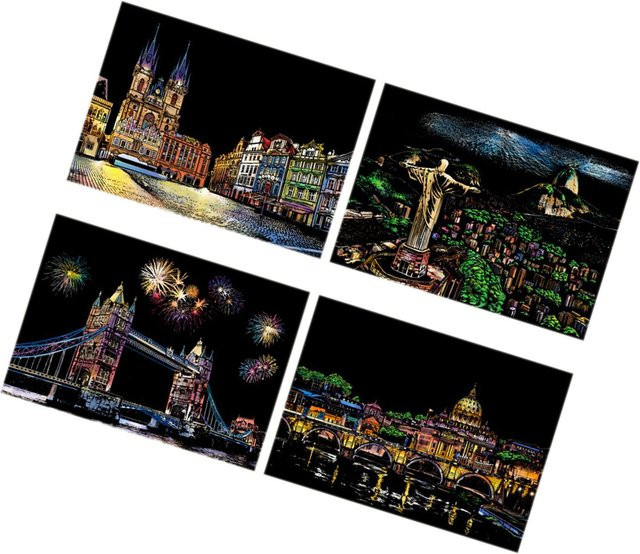 Igeteck Scratch Papier Set für DIY Handwerk, 4 Blatt A4 Landschaft Scratchboard in Weiß, Grau und Multicolour - Bild 1