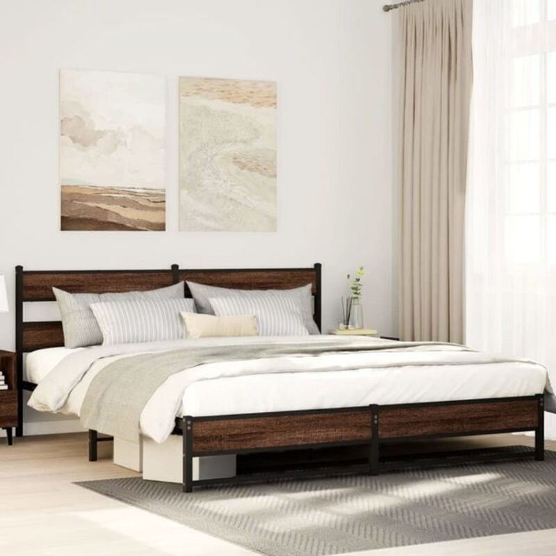 Metallbett Vidaxl in Braun mit Eichen-Optik im Industrial-Stil, B/T: 193 x 203 cm - Bild 1