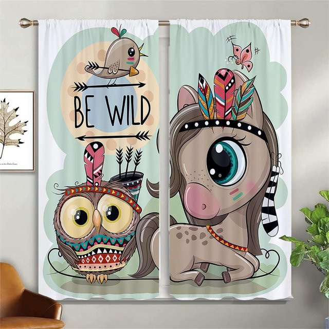 Yiran Furniture Kinderzimmer Vorhänge mit Cartoon-Tier-Motiv, 2er-Set, Rosa/Mehrfarbig, halbtransparent, Breite: 50 cm, Höhe: 140 cm - Bild 1