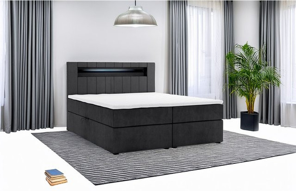 M-Punkt Boxspringbett KUBA mit Bettkasten, Visco Topper und LED-Unterbettbeleuchtung, Webstoff, Schwarz, B/T: 200 x 200 cm