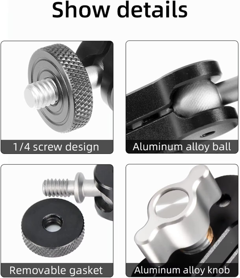 GOT-TOG Doppelkugel-Adapter mit Kugelkopf-Montage in Schwarz, maximale Belastbarkeit 2 kg, 1/4 Zoll Anschluss - Bild 2