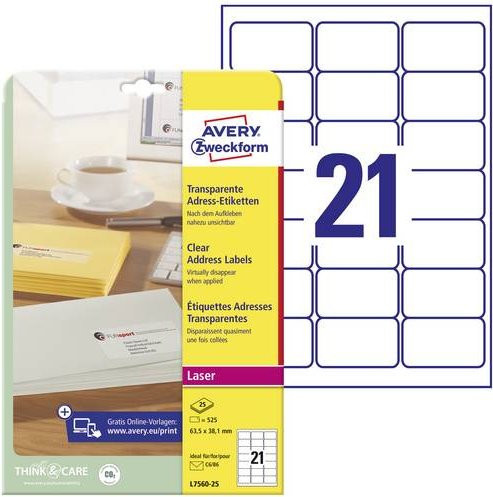 Avery Zweckform Adress-Etiketten L7560-25 aus transparentem Kunststoff, 25 Stück, Breite: 6,35 cm, Höhe: 3,81 cm - Bild 1