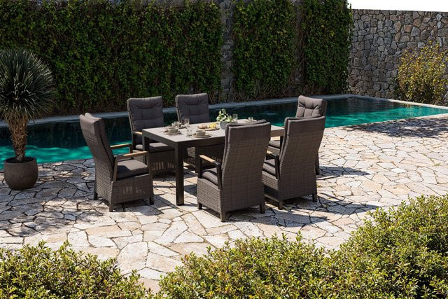 OUTFLEXX Nova Garten-Essgruppe aus Aluminium und Polyrattan in Anthrazit Matt mit 6 Dining-Sesseln und ausziehbarer Spraystone-Glas Tischplatte, Tisch B: 160 bis 260 cm, T: 100 cm, H: 75 cm - Bild 1