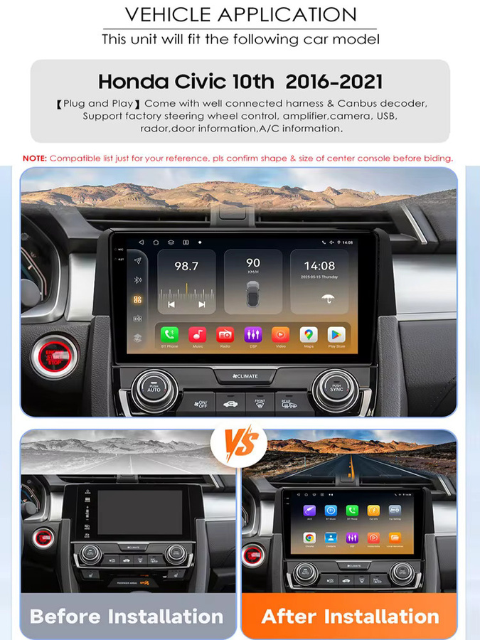 Hizpo Android 14 Auto Multimedia System für Honda Civic 10. Generation 2016-2021 mit QLED Bildschirm, DSP, Navigation und Carplay in Schwarz - Bild 1