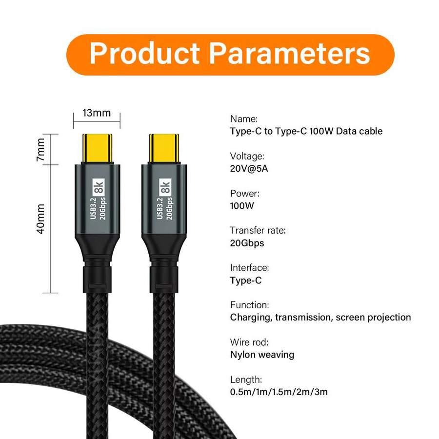 Lann USB-C auf USB-C Schnellladekabel PD100W mit USB 3.2 20 Gbit/s und Thunderbolt Unterstützung für 8K, Schwarz, 3 m - Bild 4