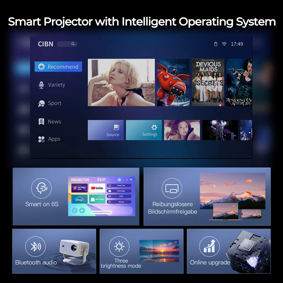 LynCast 4K L018 Projektor in Weiß mit 800 ANSI Lumen, Native 1080P Full HD, Autofokus, Keystone-Korrektur, 360 Grad drehbar, Android 14, Bluetooth 5.4 und WiFi 6 für dein tragbares Heimkino-System - Bild 2