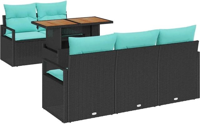 vidaXL Garten-Sofa-Set 6-teilig mit Kissen in Schwarz und Blau aus Poly-Rattan und pulverbeschichtetem Stahl mit Stauraum - Bild 1