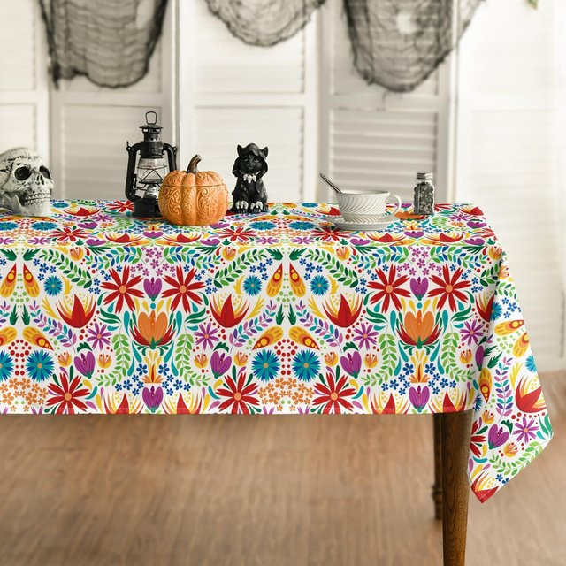 JINGYUE Pet Tischdecke mit mexikanischem Tag der Toten Blumen und Vögeln, wasserdicht und waschbar, B/H: 140 x 300 cm, Mehrfarbig - Bild 1