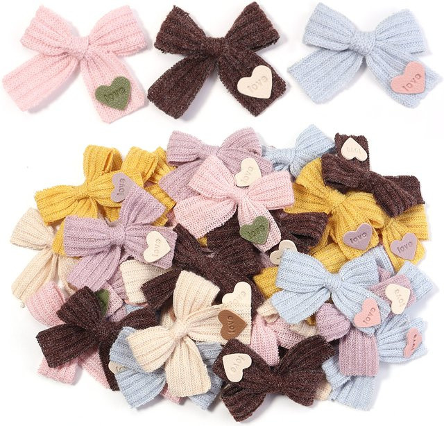 6er Set gestrickte Schleifen aus bunter Baumwolle mit Herz-Motiv für DIY Geschenke und Handwerk - Bild 1