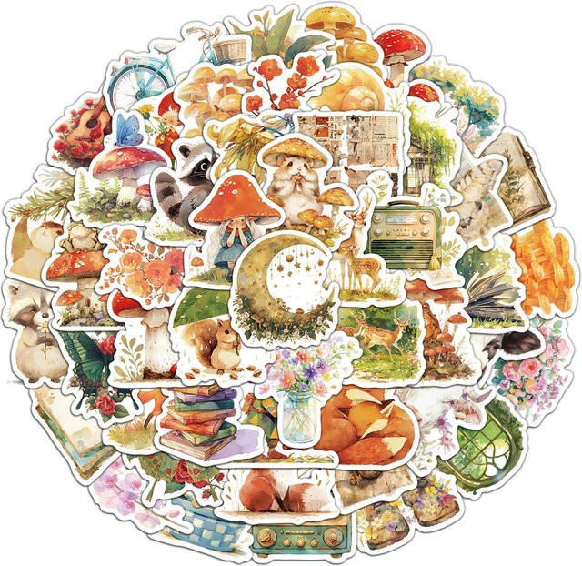 Charile Retro Waldmärchen Tier- und Pflanzen-Aufkleber, Sticker, 10-teiliges Set - Bild 1