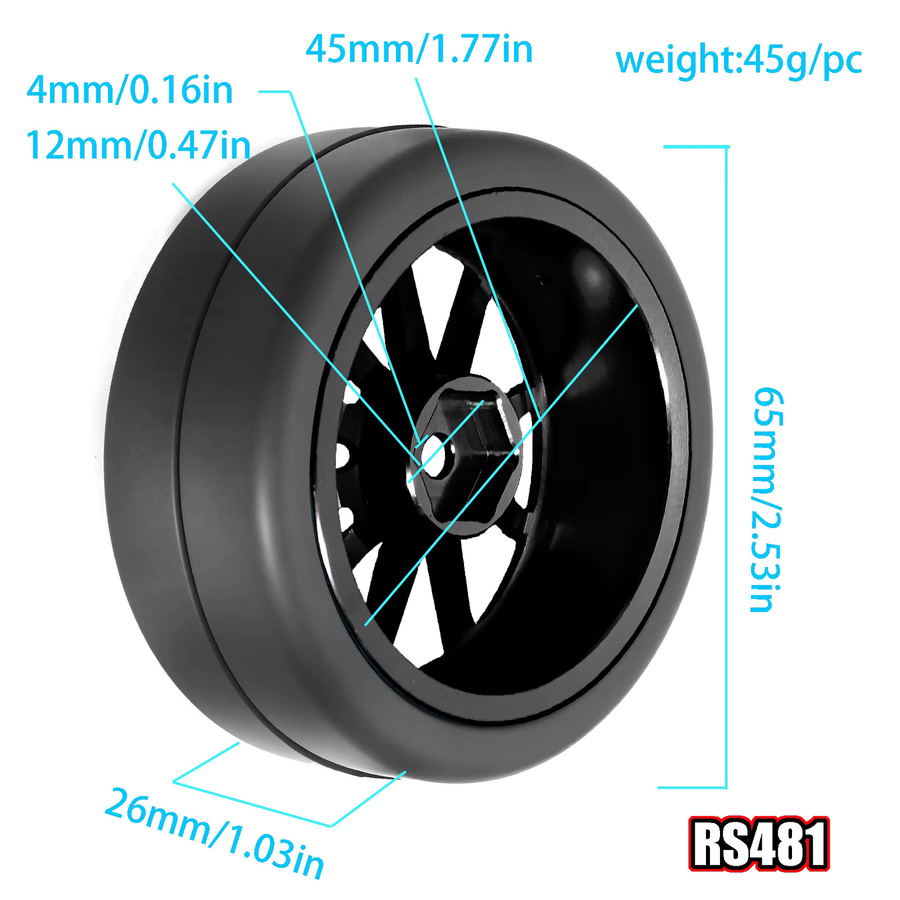 RS RC Driftreifen und Metallräder, 1:10, 12 mm Sechskant, Schwarz - Bild 3