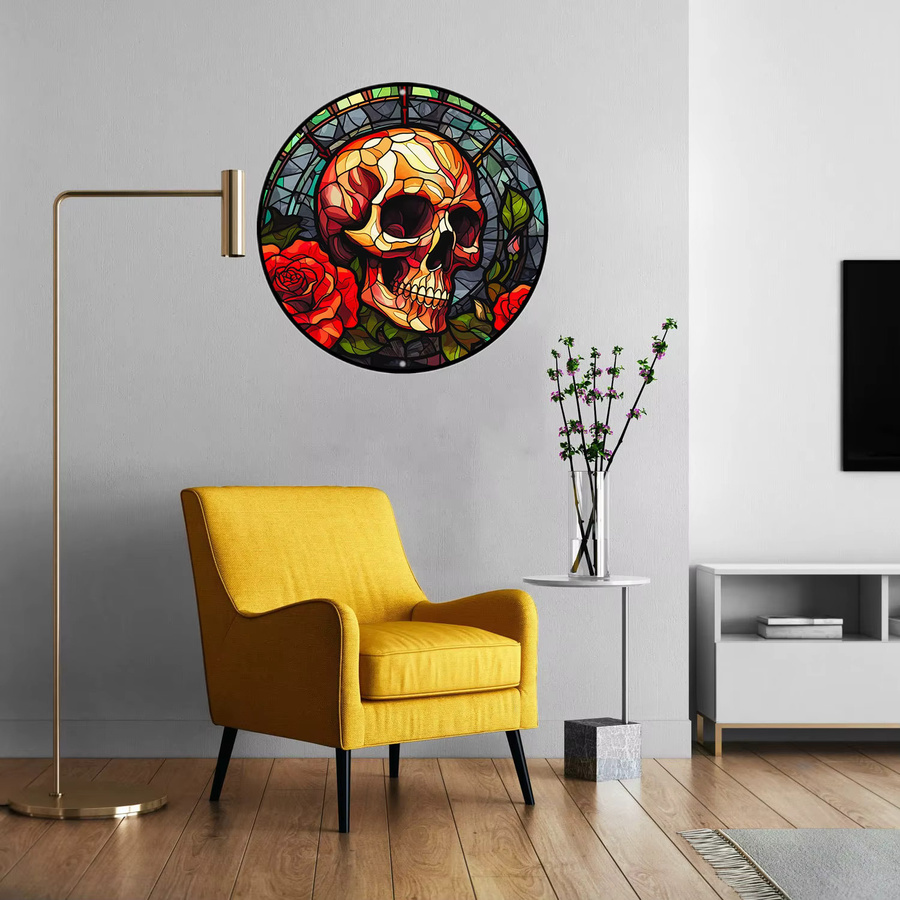 Potdemiel Rundes Aluminium-Metallschild mit Totenkopf und Rosen im Buntglas-Stil, Mehrfarbig, Durchmesser: 20 cm - Bild 4