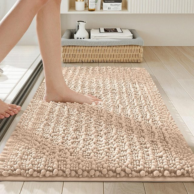 Chenille-Badezimmerteppich in Beige, extra weich und saugfähig mit Hochflor und rutschfester Unterseite, maschinenwaschbar und trocknergeeignet - Bild 1