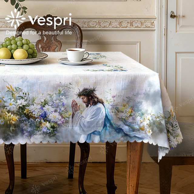 Vespri Oster-Tischdecke mit floralem Design in Weiß und Blau aus Polyester - Bild 1