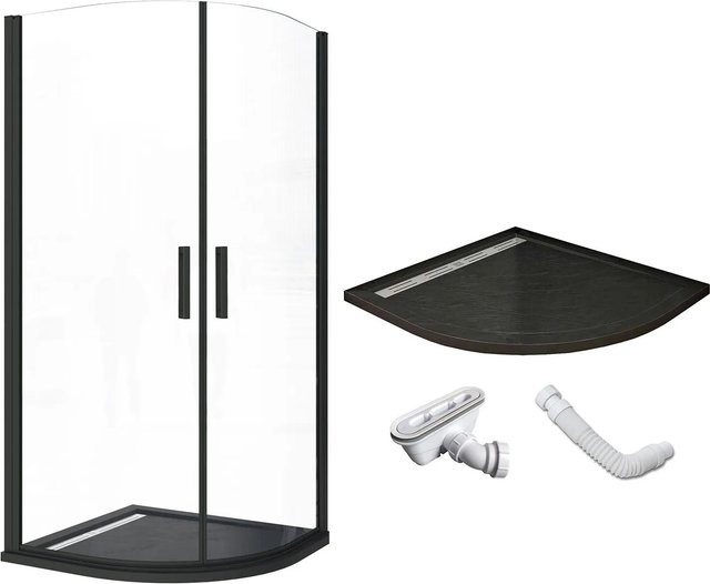 AICA Viertelkreis Dusche Schwarz mit Duschwanne aus Mineralguss und Ablaufsystem Typ 3, Drehtür, ESG Sicherheitsglas transparent, B/T/H: 80 x 80 x 195 cm - Bild 1
