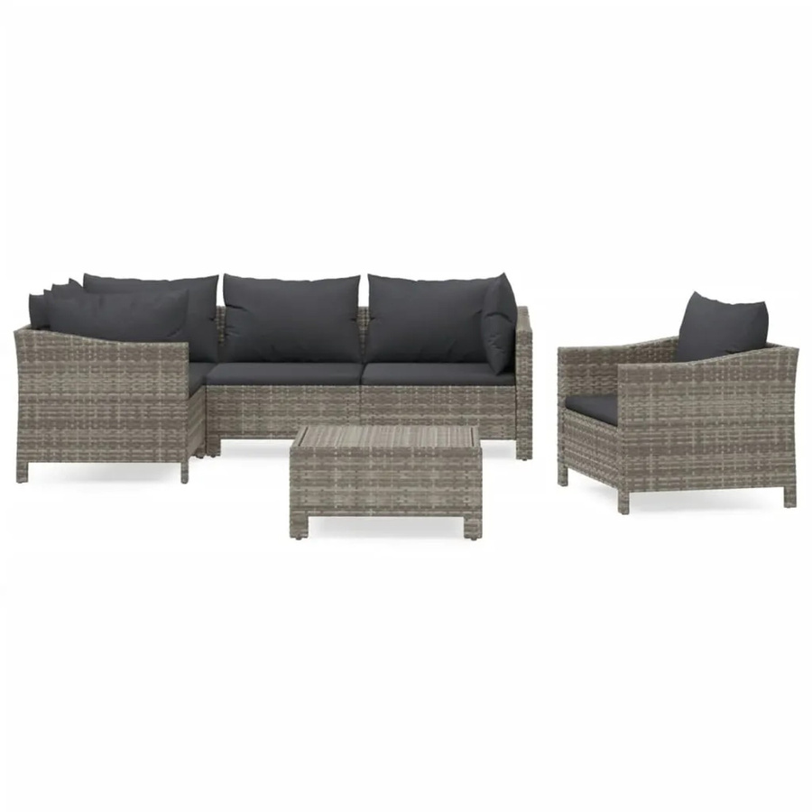 vidaXL 6-tlg Garten-Lounge-Set in L-Form aus grauem PE-Rattan mit Polsterkissen und pulverbeschichtetem Stahlgestell - Bild 2