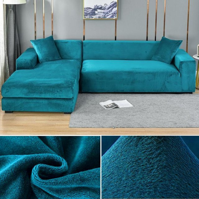 Elastischer Samt-Sofabezug von Your Warm Home in Türkis für 2-Sitzer Ecksofas, Breite: 145-185 cm - Bild 1