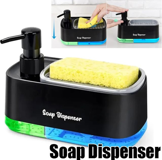 Trebalena 3-in-1 Doppelpumpen-Seifenspender-Set mit Schwamm-Aufbewahrungsbox in Schwarz für Spüle und Arbeitsplatte - Bild 1