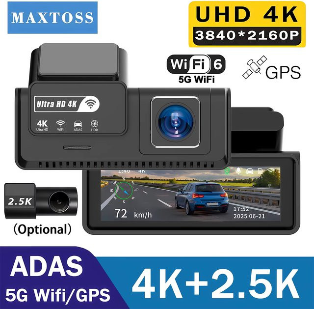 Maxtoss Dashcam mit Doppellinse in 4K UHD und 2.5K Aufnahme, Schwarz, mit WLAN und GPS, DVR Videorekorder mit Nachtsicht und 24H Parkmodus - Bild 1