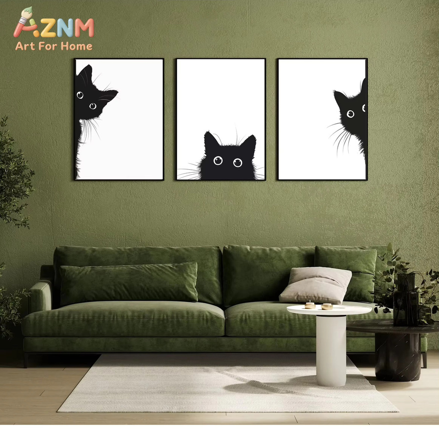 AZNM Minimalistisches Leinwandbild mit schwarzer Katzen-Silhouette in Schwarz-Weiß als abstrakter Grafikdruck für deine Wandgestaltung - Bild 2