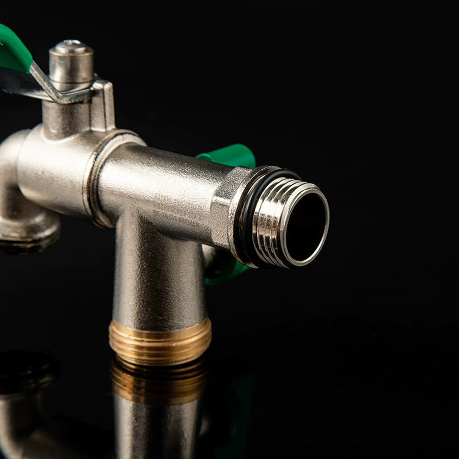 Doppelter Wasserhahn mit 20/25 mm Eingang und 3/4 Zoll Auslass, abnehmbar, mit grünem Griff und silbernem Gehäuse - Bild 1
