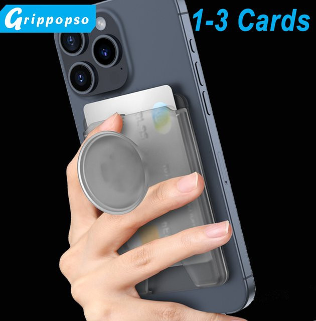 Grippopso Magnetischer Kartenhalter und Telefonhalter in Transparent für iPhone und Samsung als Brieftasche und Fingerring-Ständer - Bild 1
