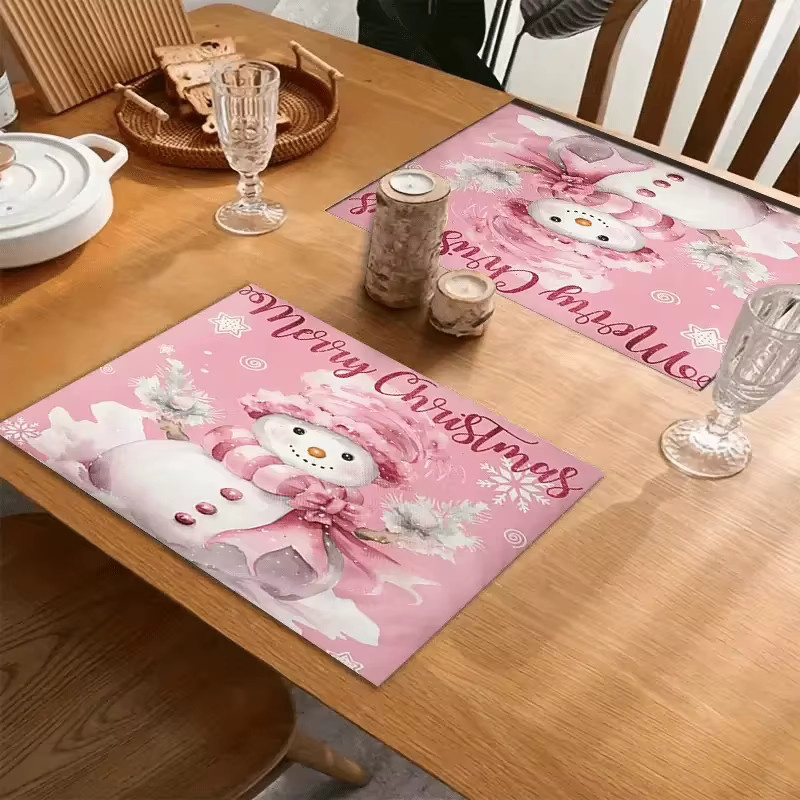VIKAMA 4er Set Weihnachts-Tischsets mit rosa Schneemann-Muster aus PVC - Bild 3