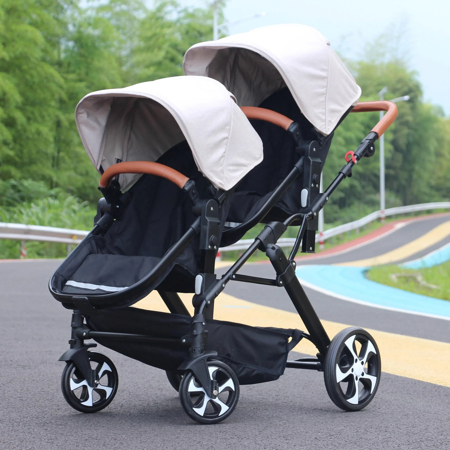 Warm house 3-in-1 Zwillings-Kinderwagen mit Autositz für zwei Kinder, faltbar und stoßdämpfend, Beige - Bild 2