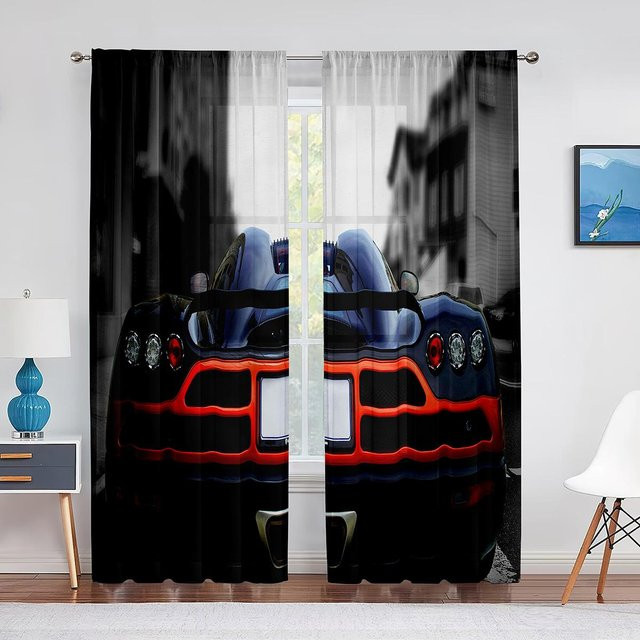 Yiran Furniture Vorhänge mit Sportwagen-Motiv in Schwarz und Multicolour, 2-teiliges Set aus Polyester, semi-transparent, B: 50 cm, H: 130 cm - Bild 1