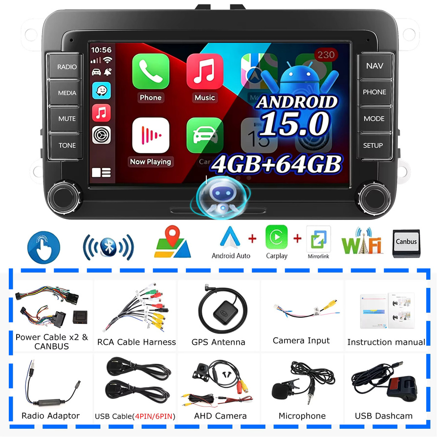 ESSGOO Android 15 Multimedia-Autoradio mit 7 Zoll Display, 4GB RAM, 64GB Speicher, Wireless Carplay, GPS, Bluetooth, WiFi und RDS FM für Volkswagen VW Golf 5 6 Passat Polo 6R Tourigan Tiguan Caddy EOS Jetta Seat Skoda, Schwarz - Bild 7