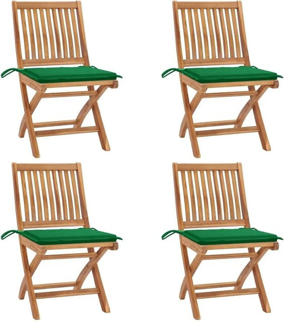 vidaXL Set aus 4 klappbaren Gartenstühlen aus Teakholz mit Kissen in Braun und Grün - Bild 1