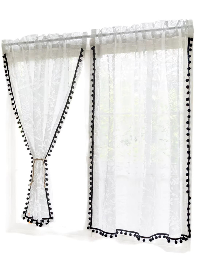 CENTURyMiG Transparenter Kurzvorhang im Landhausstil mit Mondschatten-Pompon-Besatz, Farbe: Weiß/Transparent, B: 100 cm, H: 200 cm - Bild 2