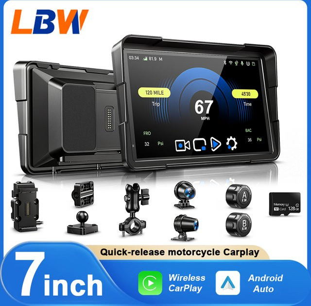 LBW Motorrad CarPlay System mit GPS-Navigation, zwei Kameras und TPMS in Schwarz - Bild 1
