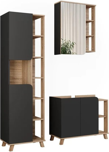 Vicco Badmöbel-Set Karen in Sonoma und Anthrazit, bestehend aus 3 Teilen mit Waschtischunterschrank, Spiegelschrank mit LED-Beleuchtung und Hochschrank - Bild 1
