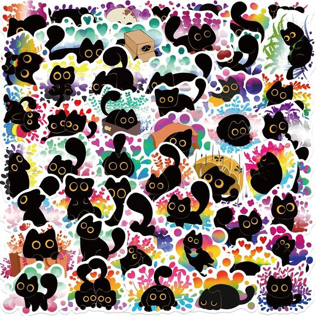 50 Stück Cool Pride Black Cat Aufkleber in Schwarz und Multicolour für Laptop, Auto und Skateboard - Bild 1