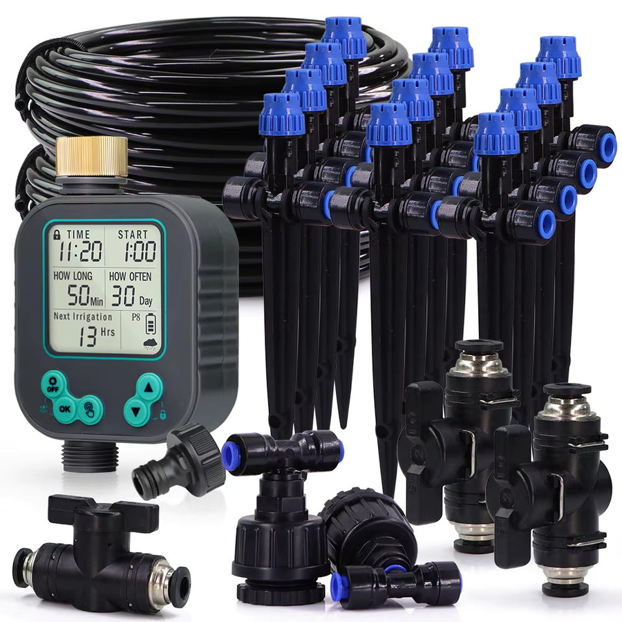 MUCIAKIE Gartenbewässerungssystem mit LCD-Timer, Regensensor und verstellbaren Sprinklern sowie Tropfern in Schwarz - Bild 5