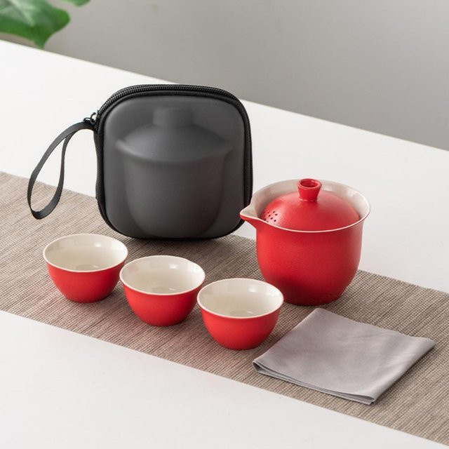 Qinhuangdaoshiwan Keramik Kung Fu Tee-Set mit Teekanne und Infuser inklusive Aufbewahrungstasche in verschiedenen Farben - Bild 1