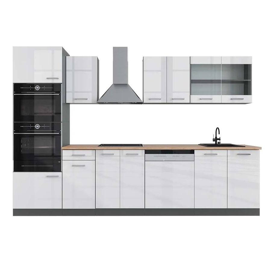 Vicco R-Line Küchenzeile in Weiß Hochglanz und Anthrazit mit Hochschrank Eiche, Breite: 300 cm - Bild 2
