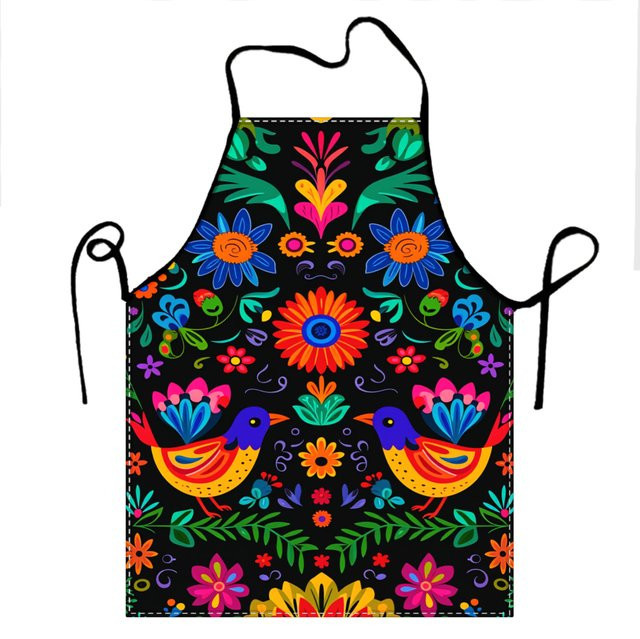 ZZN Kochschürze im mexikanischen Stil in Schwarz mit buntem Blumen- und Vogelmuster - Bild 1