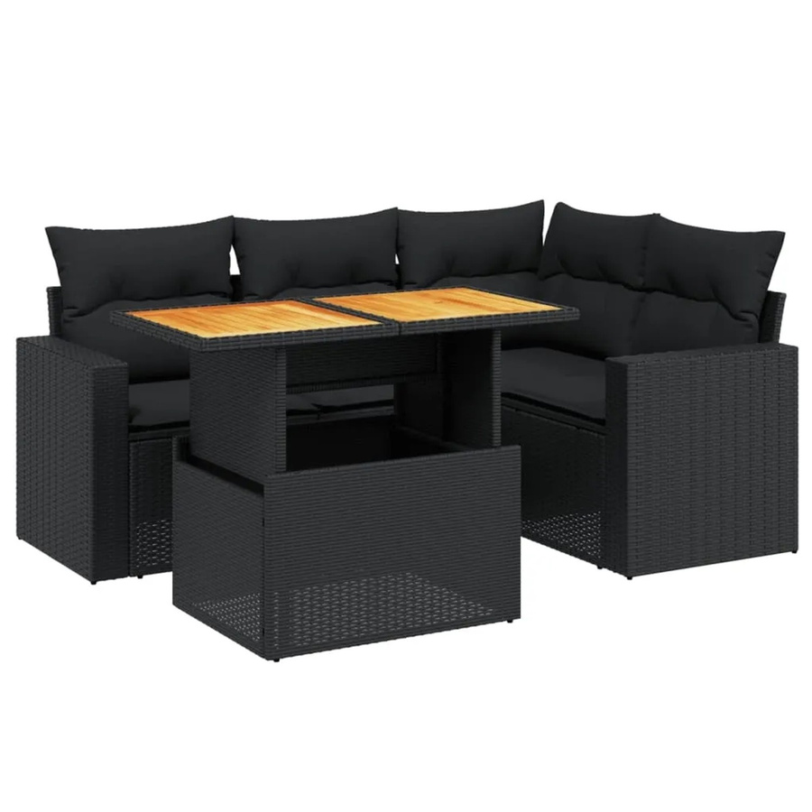 vidaXL 5-tlg. Garten-Sofagarnitur in L-Form aus Polyrattan und Akazienholz mit Kissen, Schwarz - Bild 2