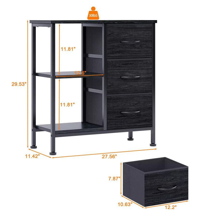 HiMISS Aktenschrank aus Stoff in Schwarz mit 3 Schubladen und 2 offenen Ablageflächen als Druckerständer für dein Home-Office - Bild 2