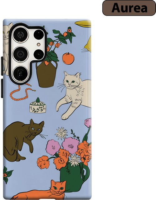 Stoßfeste Doppelschicht Handyhülle mit Vintage Katzen- und Blumen-Stilleben für Samsung Galaxy S25 Ultra, S24 und S23 Ultra Plus in Multicolour - Bild 1