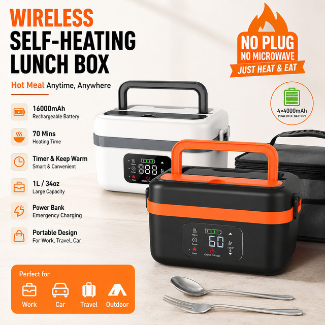 Avehrit Elektrische Lunchbox mit 16000mAh Akku, wiederaufladbarer selbsterhitzender Speisenwärmer, kabelloser Lunchbehälter, 1L, Schwarz/Orange - Bild 1