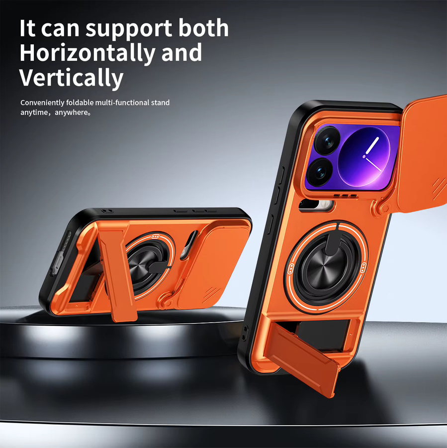 Stoßfeste Panzer-Handyhülle für Xiaomi 17 Pro Max 5G und 17 Ultra mit Kameraschutz, aufklappbarem Ständer und magnetischer Abdeckung in Schwarz und Orange - Bild 2