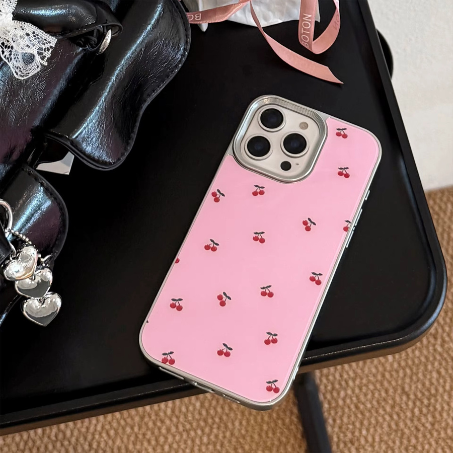 Potdemiel Handyhülle mit koreanischem Cartoon-Kirschmuster und silbernem Rand für iPhone 11 bis iPhone 17 Pro Max Plus, stoßfest, Farbe: Pink/Silber - Bild 5