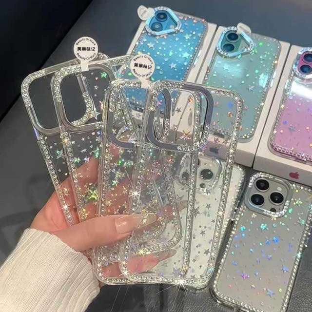 FUCHU Handyhülle mit Glitzer-Stern und Muschel-Muster für iPhone 11 bis iPhone 17 Pro Max, transparent, stoßfeste Softcase-Abdeckung - Bild 1